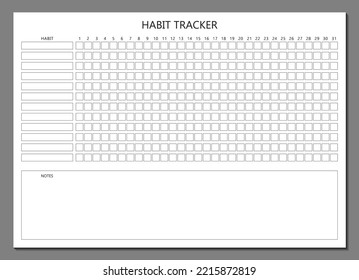 Habits tracker template. Blank notebook page isolated on gray. Page of the business organizer. Sheet of paper