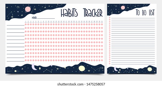 Habits tracker and to-do-list with frame decorated by universe. Printable pages for task organization or planning. Eps 10.