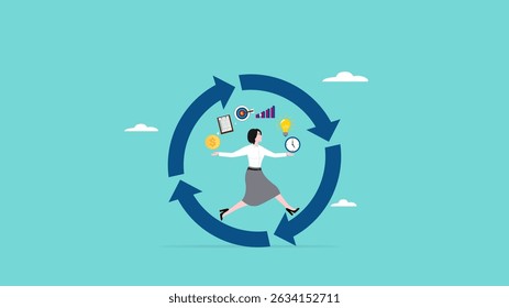 habitual procedures leading to business or career success, discipline or working efficiency, businesswoman carry out work with a circle of good work habit