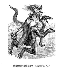 Haborym, fire demon which is also called as Aym who shows astride a viper with three heads one of snake, second man and third cat, vintage engraved line art illustration. Infernal Dictionary 1863.