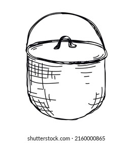 HaCamping pot hand drawn black and white vector illustration. Pot with lid and handle vintage sketch isolated on white background
