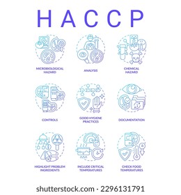 Iconos de concepto de gradiente azul HACC. Prevención de riesgos. Análisis de riesgos ilustraciones de color de la idea de punto de control crítico de línea delgada. Símbolos aislados. Fuentes Roboto-Medium, Myriad Pro-Bold utilizadas