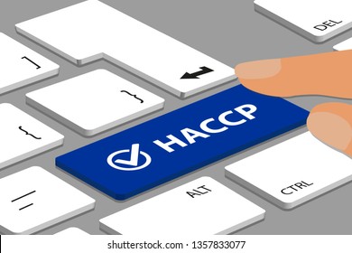 HACCP Button With Check Mark On Laptop Keyboard With Fingers - Vector Illustration