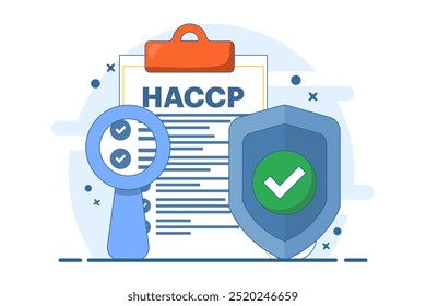 HACCP Concept. Critical Control Point Hazard Analysis with award or check mark. Food Safety warnings and guidelines in HACCP policy in healthcare sector. Flat vector illustration.