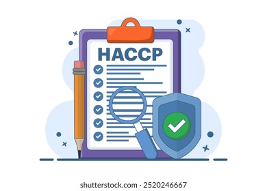 HACCP-Konzept Gefahrenanalyse für kritische Kontrollpunkte mit Prämie oder Häkchen. Warnhinweise und Leitlinien zur Lebensmittelsicherheit im Rahmen der HACCP-Politik im Gesundheitswesen. Flache Vektorgrafik.