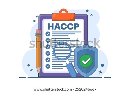 HACCP Concept. Critical Control Point Hazard Analysis with award or check mark. Food Safety warnings and guidelines in HACCP policy in healthcare sector. Flat vector illustration.