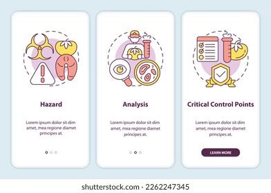 HACCP elements onboarding mobile app screen. Food safety walkthrough 3 steps editable graphic instructions with linear concepts. UI, UX, GUI template. Myriad Pro-Bold, Regular fonts used