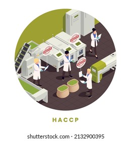 HACCP food safety concept with lab workers inspecting production line isometric vector illustration