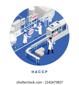 HACCP food safety concept with milk production line and lab workers isometric vector illustration