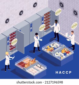 Concepto de seguridad alimentaria del HACCP con científicos que inspeccionan la ilustración vectorial del almacén de comestibles