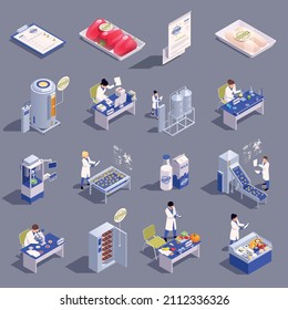 HACCP food safety isometric set with scientists making lab tests and certificates vector illustration