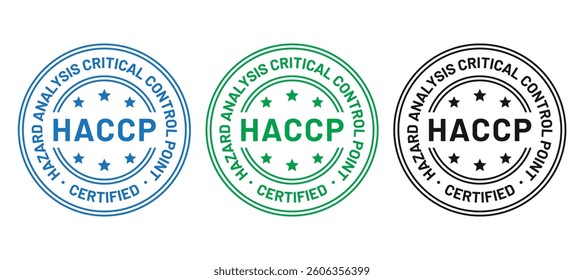 HACCP food safety system stamp, badge. Hazard analysis Critical Control Points seal imprint. Certified emblem. Quality warranty mark. Set marketing stickers. Round icons. Vector illustration