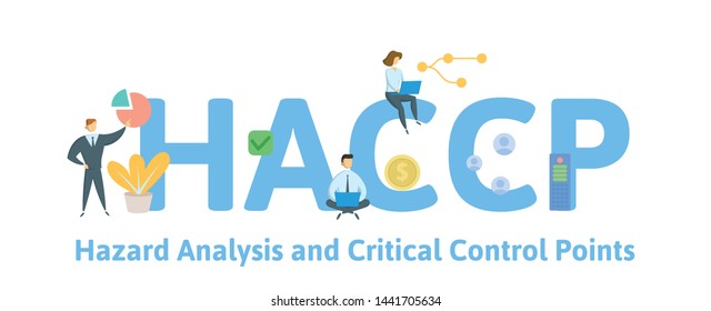 HACCP, Análisis de riesgos y Punto de control crítico. Concepto con personas, palabras clave e iconos. Ilustración vectorial plana coloreada. Aislado sobre fondo blanco.