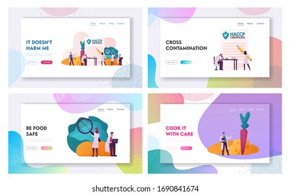Haccp Hazard Analysis and Critical Control Point Landing Page Template Set. Tiny Characters with Microscope Lab Quality Control Management Rules for Food Industry. Cartoon People Vector Illustration