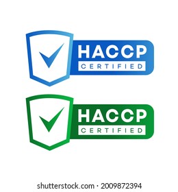 HACCP - Hazard Analysis Critical Control Points certified sign set color flat style isolated on white background. Emblem, checkmark, award. 10 eps