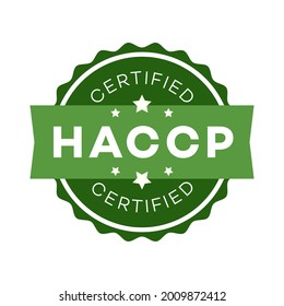 HACCP - Análisis de riesgos Puntos de control críticos con certificación de color de emblema de estilo plano aislado en fondo blanco. Premio, marca de verificación, cartel. 10 pasos