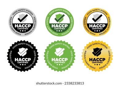 HACCP - Hazard Analysis and Critical Control Points, Food Safty system, logo, badge, icon, sticker, label, emblem, stamp, symbol, green, golden, flat vector, isolated illustration. HACCP Certified. 