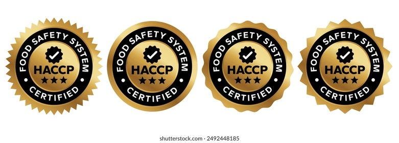 HACCP Hazard Analysis Critical Control Points, Food Safety system, logo, badge, icon, sticker, label, emblem, stamp, symbol, green, golden, flat vector, isolated illustration. HACCP Certified.