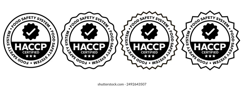 HACCP Hazard Analysis Critical Control Points, Food Safety system, logo, badge, icon, sticker, label, emblem, stamp, symbol, green, golden, flat vector, isolated illustration. HACCP Certified.