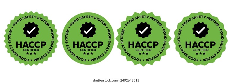 HACCP Análisis de Peligros Puntos Críticos de Control, Sistema de Seguridad Alimentaria, Logo, Insignia, Icono, Etiqueta, Emblema, Sello, Símbolo, Verde, Dorado, Vector plano, Ilustración aislada. Certificado HACCP.