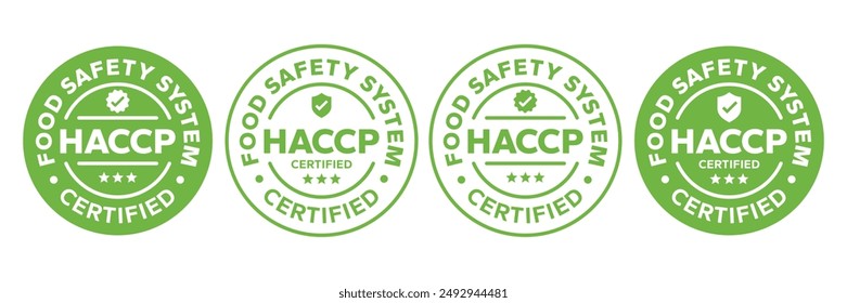 HACCP Análisis de Peligros Puntos Críticos de Control, Sistema de Seguridad Alimentaria, Logo, Insignia, Icono, Etiqueta, Emblema, Sello, Símbolo, Verde, Dorado, Vector plano, Ilustración aislada. Certificado HACCP.