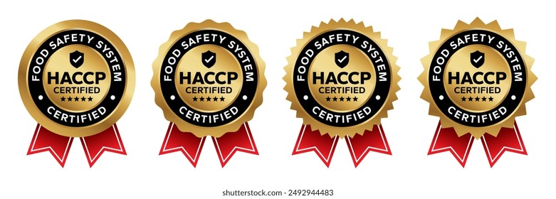 HACCP Hazard Analysis Critical Control Points, Food Safety system, logo, badge, icon, sticker, label, emblem, stamp, symbol, green, golden, flat vector, isolated illustration. HACCP Certified.