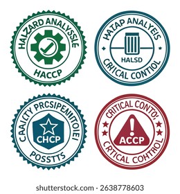 
HACCP Hazard Analysis Critical Control Points, Food Safety system, logo, badge, icon, sticker, label, emblem, stamp, symbol, green, golden, flat vector, isolated illustration. HACCP Certified.