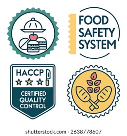 
HACCP Hazard Analysis Critical Control Points, Food Safety system, logo, badge, icon, sticker, label, emblem, stamp, symbol, green, golden, flat vector, isolated illustration. HACCP Certified.