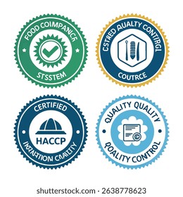 
HACCP Hazard Analysis Critical Control Points, Food Safety system, logo, badge, icon, sticker, label, emblem, stamp, symbol, green, golden, flat vector, isolated illustration. HACCP Certified.