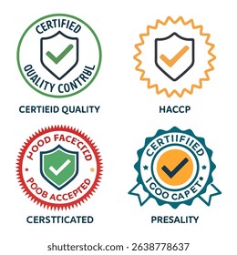 
HACCP Hazard Analysis Critical Control Points, Food Safety system, logo, badge, icon, sticker, label, emblem, stamp, symbol, green, golden, flat vector, isolated illustration. HACCP Certified.