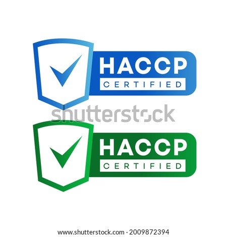 HACCP - Hazard Analysis Critical Control Points certified sign set color flat style isolated on white background. Emblem, checkmark, award. 10 eps