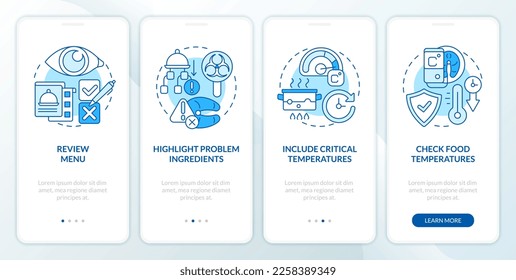 HACCP on practice blue onboarding mobile app screen. Risk analysis walkthrough 4 steps editable graphic instructions with linear concepts. UI, UX, GUI template. Myriad Pro-Bold, Regular fonts used