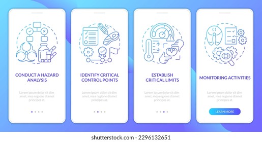 HACCP principles blue gradient onboarding mobile app screen. Risks reducing walkthrough 4 steps graphic instructions with linear concepts. UI, UX, GUI template. Myriad Pro-Bold, Regular fonts used