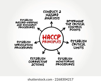 HACCP PRINCIPLES, identification, evaluation, and control of food safety hazards based on the following seven principles, mind map concept for presentations and reports