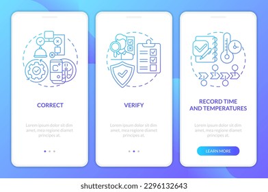 HACCP in work blue gradient onboarding mobile app screen. Food control walkthrough 3 steps graphic instructions with linear concepts. UI, UX, GUI template. Myriad Pro-Bold, Regular fonts used