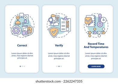 HACCP in work onboarding mobile app screen. Food control walkthrough 3 steps editable graphic instructions with linear concepts. UI, UX, GUI template. Myriad Pro-Bold, Regular fonts used