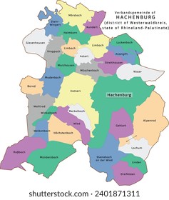 Hachenburg verbandsgemeinde map of Westerwaldkreis district Rhineland-Palatinate (Rheinland-Pfalz) state in Germany. Vectored. Retro colors