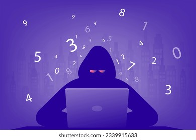 hacher silhouette with many numbers floating around. Monochrome simple Cyber Security icon for templates, web design and infographics. computer Internet security. vector illustration.