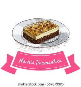 Hachis Parmentier colorful illustration. Vector illustration of French cuisine.