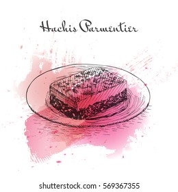 Hachis Parmentier watercolor effect illustration. Vector illustration of French cuisine. 