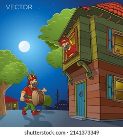 Hacivat karagoz ramadan drum old wooden house mosque tree night sahur vector