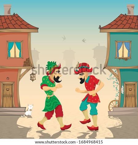 Hacivat and Karagoz, shadow play characters, Ottoman houses, cat, wheel, birds, vector drawing