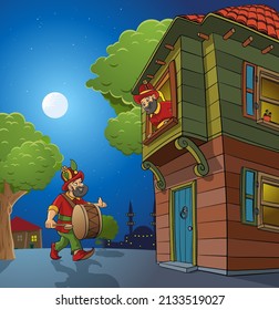 Hacivat karagöz ramazan drum old wooden house mosque tree night sahur vector