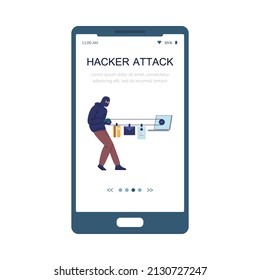 Hack attack concept onboarding screen with internet scammers stealing user data. Computer fraud and personal security system hacking, flat vector illustration.