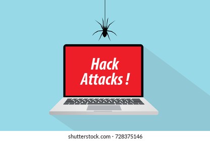 hack attacks concept illustration with laptop and spider sign symbol