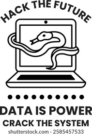 Hack the future is a concept that is being promoted by a laptop in the style of sign illustrations