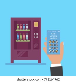 Hack vending machine. In the hand is a smartphone with a hack code. Wine vending in a flat vector.