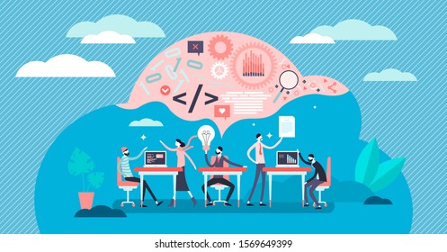 Hackathlon vector illustration. Flat tiny programmers competition persons concept. Technological IT software coding event process scene. Codefest and hackfest experts community challenge visualization