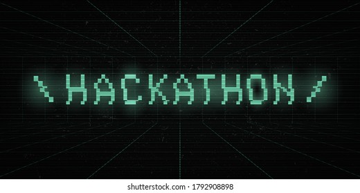 Hackathon 8 bit green glitch title on laser grid background. Hack marathon retro science style banner. VHS effect. Cyberspace concept. Design for banner, flyer, poster, cover, web. Vector illustration