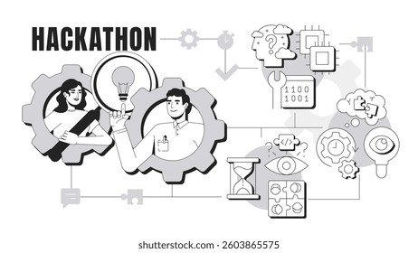 Hackathon banner conceptual illustration. Cyber security, technology. Application protection, access. Coding, programming. Abstract idea with stylized characters, outline icons. Monochrome vector